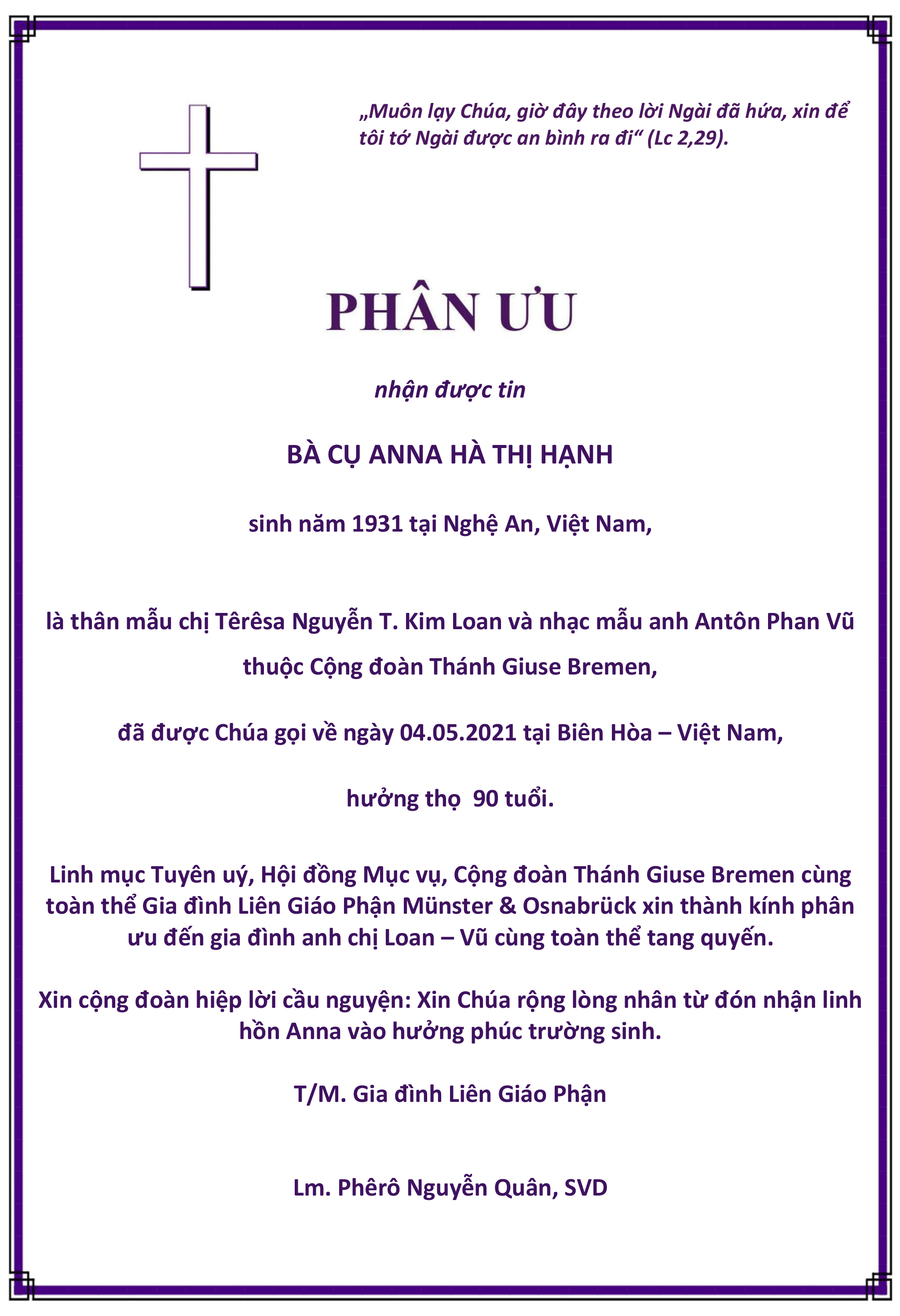 Anna Hà Thị Hạnh, 04.05.2021